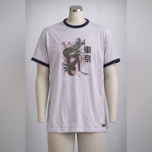 Navy Yard brand ringer T-shirt w black dragon and cherry blossom graphic. (175)